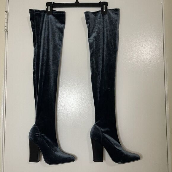ZARA teal blue point toe velvet velour thigh high sock heeled boots 37 US 6.5 - Picture 1 of 10